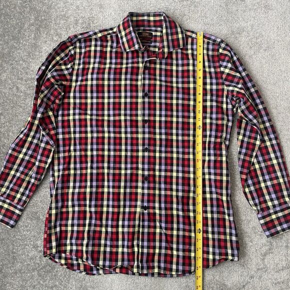 Steven Land Shirt Mens 16.5 34/35 Red Purple Yellow Black Checkered Plaid Modern - Picture 7 of 8